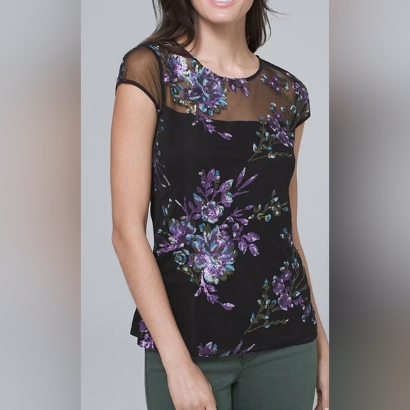 EUC Romantic Sequin Flower Tee from White House Black Market Size M - Picture 2 of 10